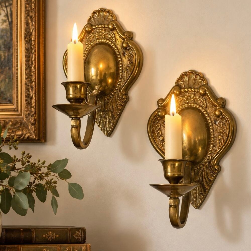 Vintage Ornate Brass Taper Candle Wall Sconce Set Victorian Rococo French Decor